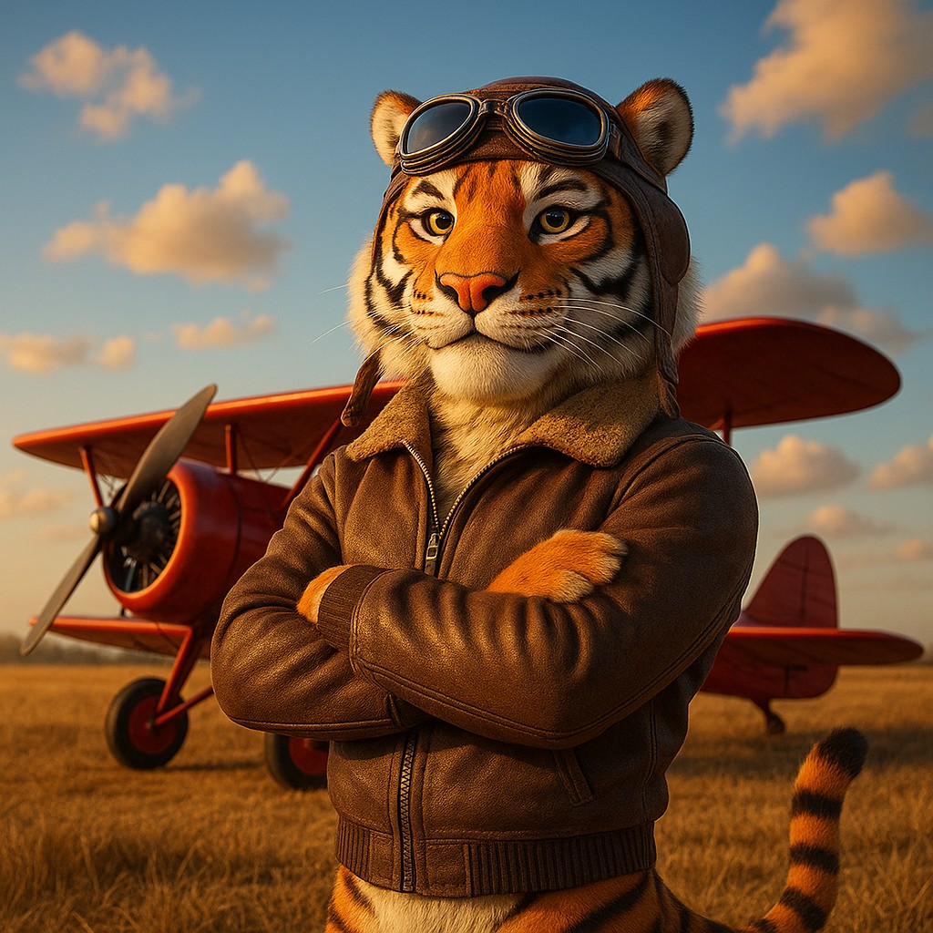cv222—এভিয়েটর গেমটির প্রতীকের মতো লাল বিমানের পাশে দাঁড়িয়ে থাকা এক টাইগার পাইলট