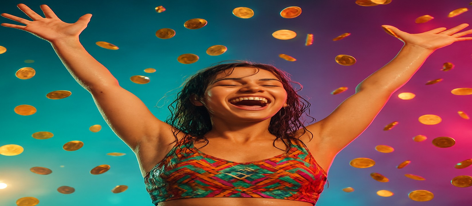 মুদ্রার ঝরনার মাঝে রঙিন পোশাকে এক নারী
